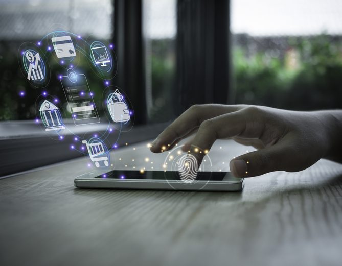 Businessman using smartphone and fingerprint scanning unlock and online banking and icon.Technology Ecommerce Commercial. Online payment digital and shopping on network connection