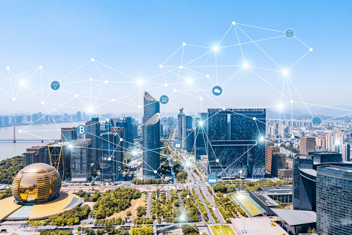 High Angle View of the urban skyline and Smart City Concept in Hangzhou, Zhejiang Province, China